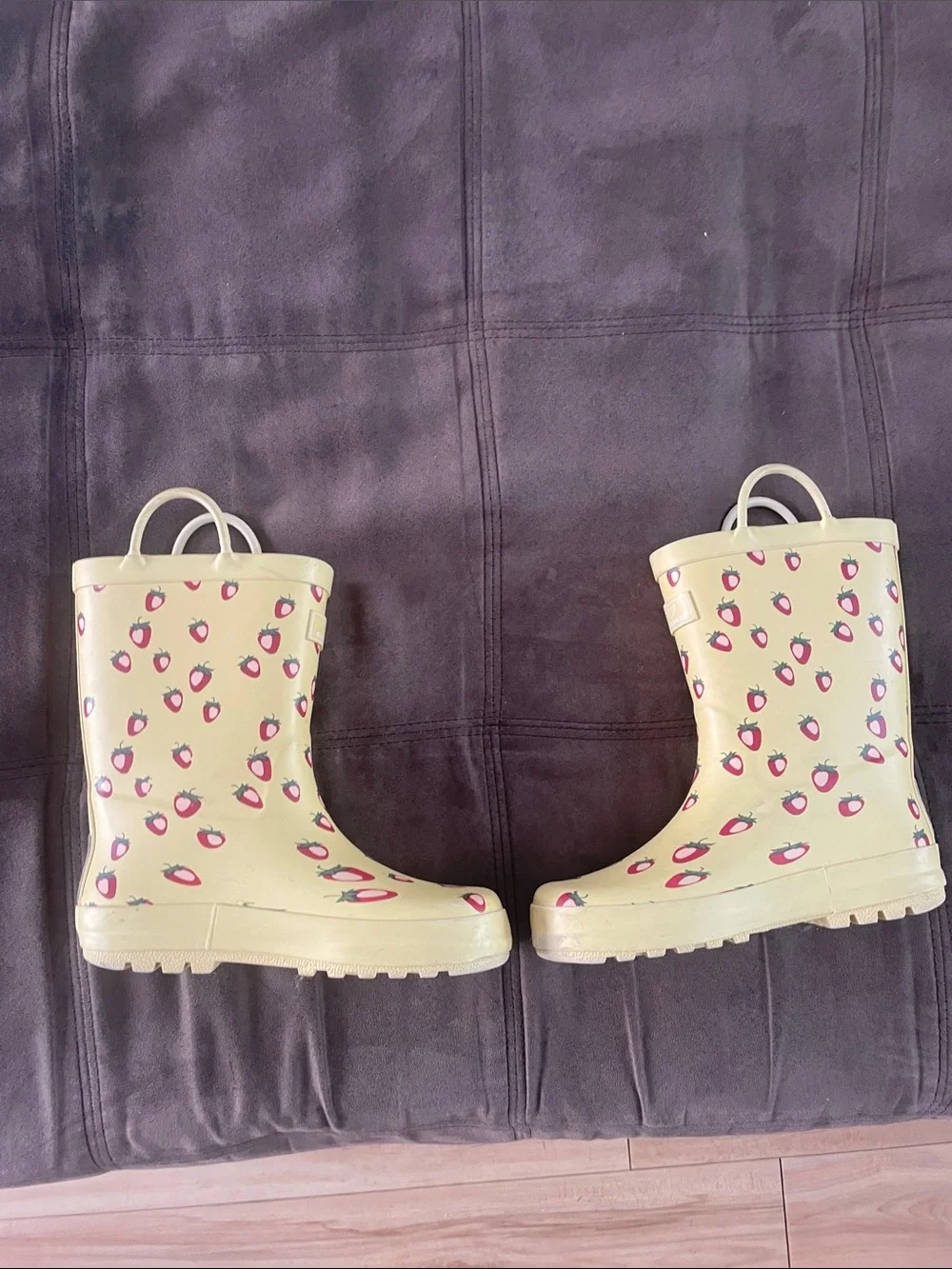 Kids Yellow Rain Boots with Pink Strawberry Pattern